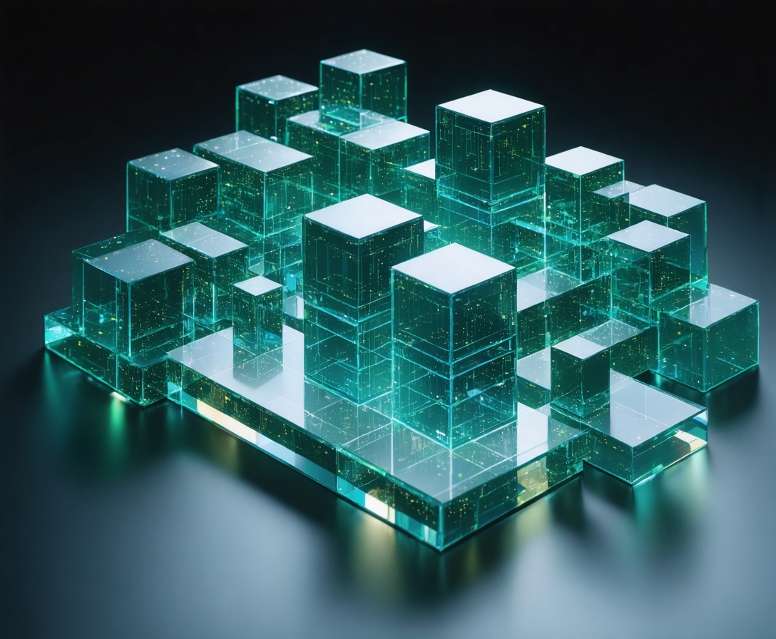 Abstrakte 3D-Darstellung von Datenfluss und Bildungsbausteinen