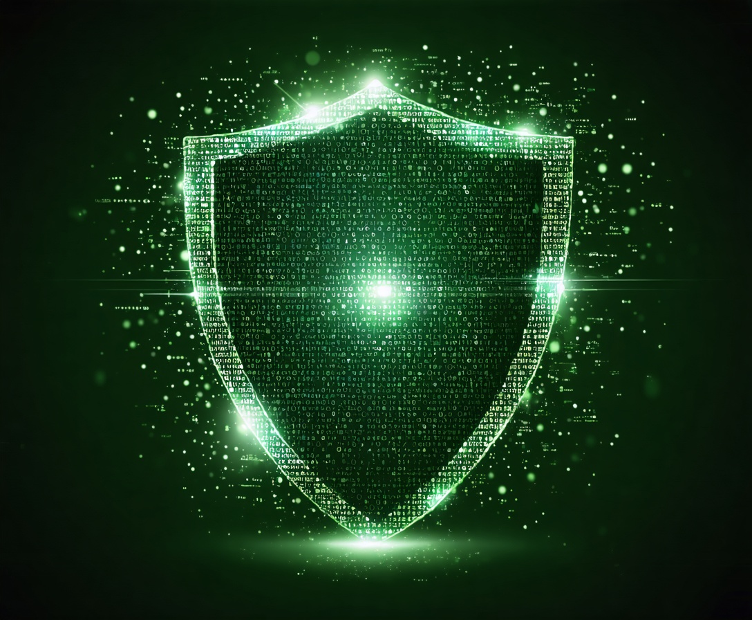 Abstraktes digitales Konzept des Datenschutzes mit einem leuchtenden Schild aus Binärcode